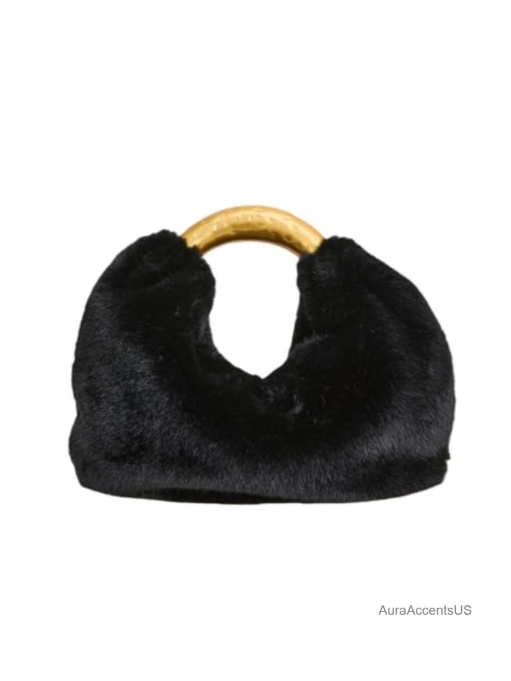 Faux Fur Half Moon Top Handle Bag with Gold Metal Handle
